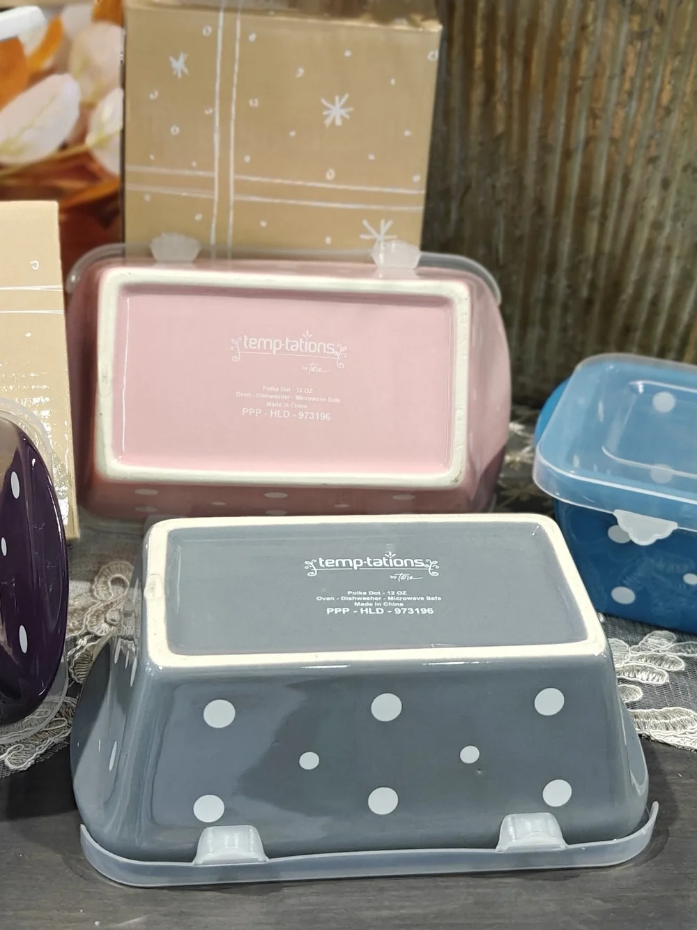 Temptations Polka Dot Stackable Food Storage Set - Purple, Pink, Gray, Blue S/4